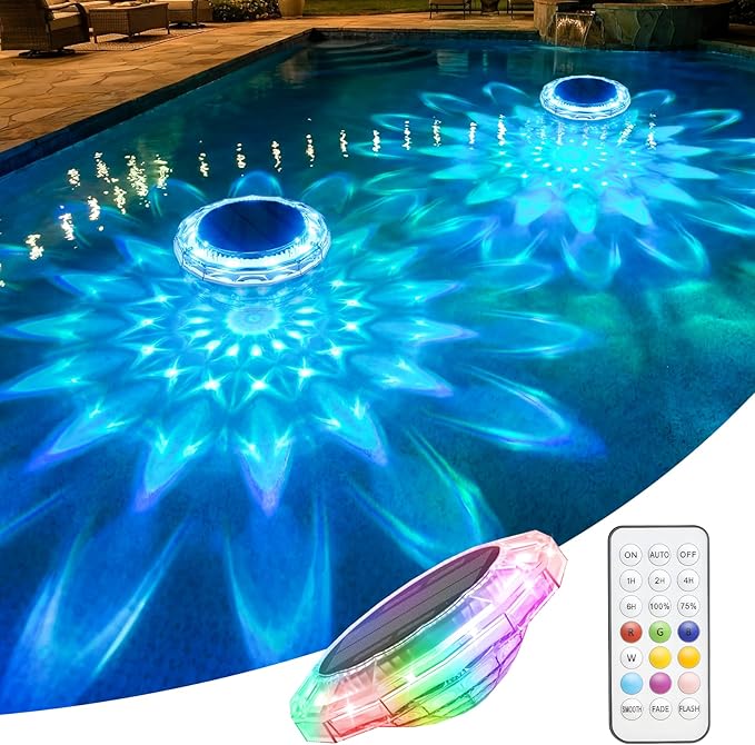 APONUO Solar Pool Lights, IP68 Waterproof Floating Pool Lights with Remote& Button Control, 9 Lighting Colors& 3 Modes Pool Solar Light, Timer& Memory, Floating Light for Pool, Party, Bathtub (1 Pack)