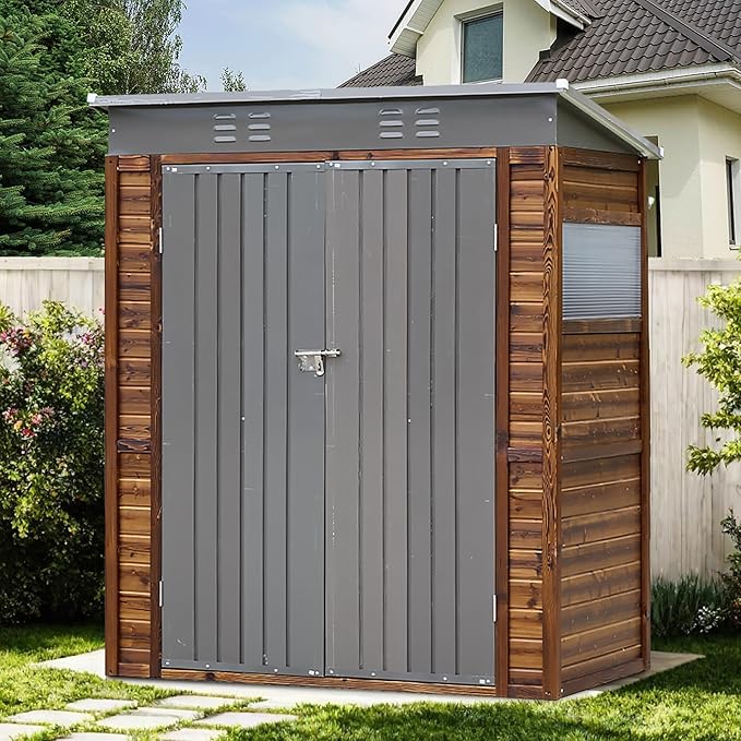 YOPTO 3 x 5 FT Storage Shed with Four Ventilation Vents,Lean to Wood Combination Tool Shed W/Double-Hinged Iron Doors,All Weather Waterproof,for Backyard,Patio,Lawn,Garden,Wood
