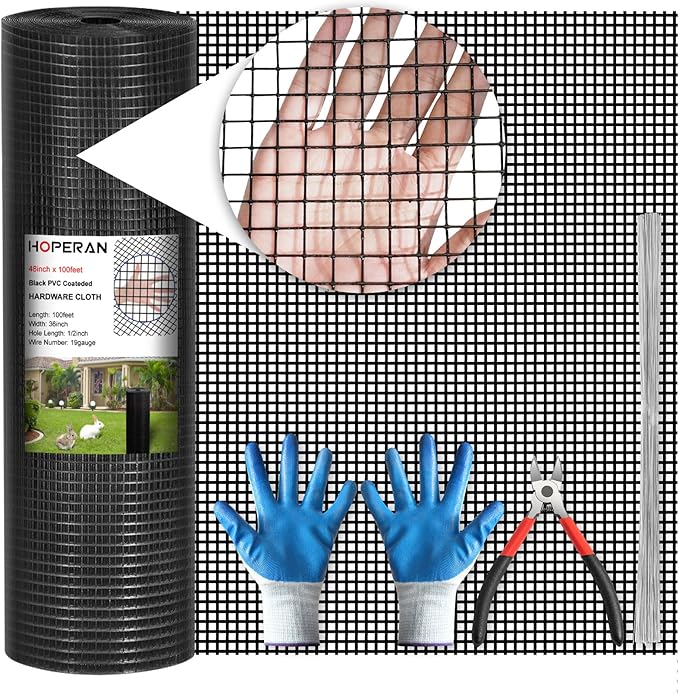 HOPERAN Black Hardware Cloth 1/2 inch 48 inch x 100 Foot 19 Gauge - Vinyl Coated Welded Chicken Wire Fencing Mesh, PVC Wire Fence Roll for Garden Fence, Gopher Wire and Poultry Netting Cage