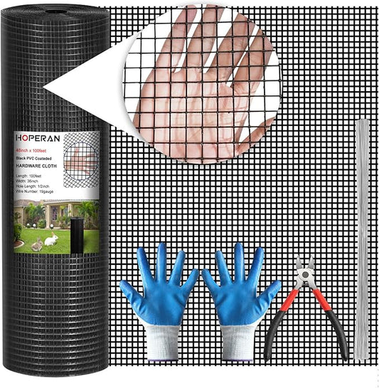 HOPERAN Black Hardware Cloth 1/2 inch 48 inch x 100 Foot 19 Gauge - Vinyl Coated Welded Chicken Wire Fencing Mesh, PVC Wire Fence Roll for Garden Fence, Gopher Wire and Poultry Netting Cage