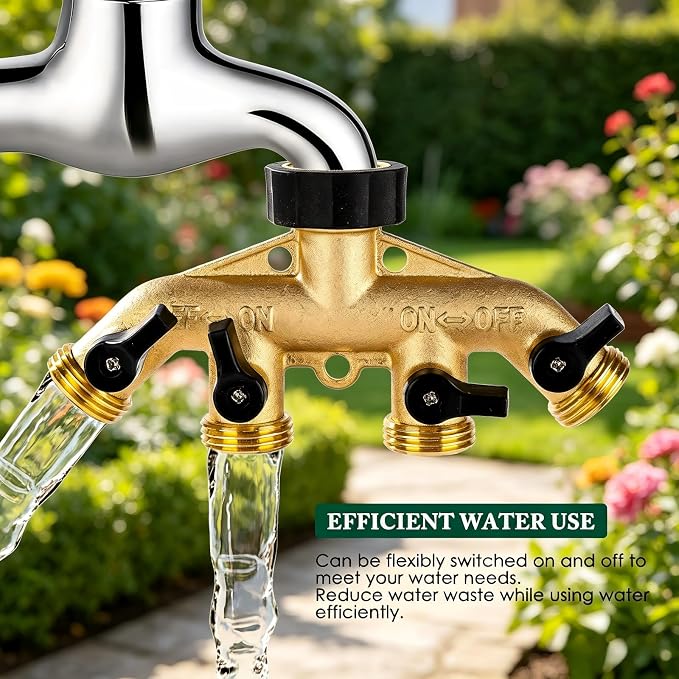 Dalmbox Garden Hose Splitter 4 Way, Water Hose Splitter, 3/4" Heavy-Duty Brass Garden Hose Splitter, Includes 9 Rubber Washers & Teflon Tape(2 pack)