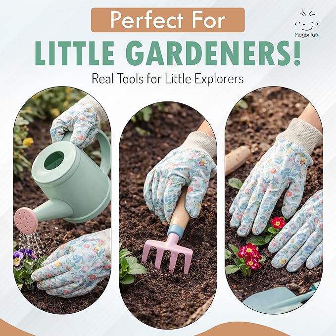 Kids Gardening Tools Set - 9 Piece Real Metal Tools with Sturdy Wood Handles, Includes Washable Apron, Hat, Tote Bag and Watering Can - STEM Outdoor Learning Gift for Boys and Girls.