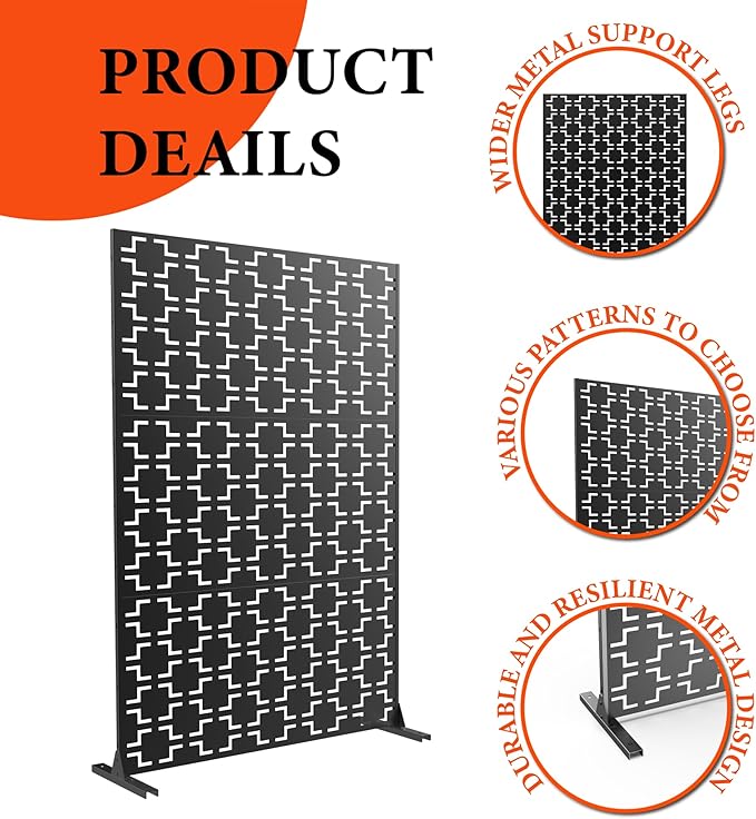 Privacy Screen Outdoor Metal Fence Panel, 72" H x 47" W Freestanding Decorative Privacy Fence for Patio, Deck, Balcony, Backyard, Garden with Stable Base