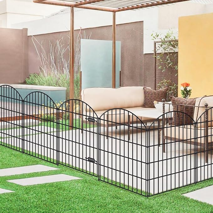 FOREHOGAR Metal Garden Fence with Gate 36in (H) x 23.3ft (L), 1 Gate+ 9 Panels Dog Fence Border Fence Animal Barrier, No Dig Garden Fencing for Yard Flower Bed Lawn Patio Outdoor, ECG3610, Black