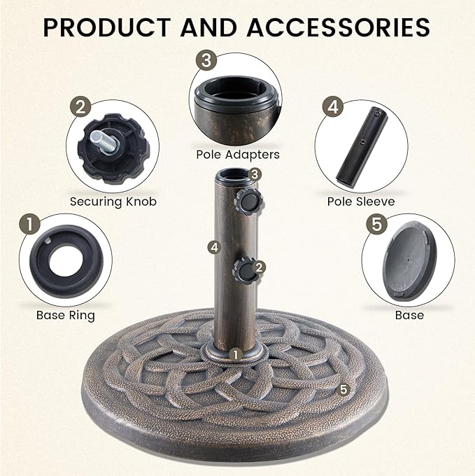 DUMOS Patio Umbrella Base, 30 LBS Heavy Duty Umbrella Stand with 2 Knobs + 2 Adapters, Weather-Resistant Coating Outdoor Table Resin Umbrella Holder for Beach, Pool, Deck, Backyard (Bronze)