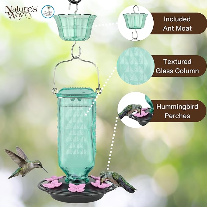 Nature’s Way Dewdrop Column Antique Teal Glass Gravity Hummingbird Feeder with Ant Moat, 23 Ounce Capacity, 6 Flexible Pink Lilac Flower Ports, Continuous Perch Ring, Easy-Clean Pewter Plastic Base
