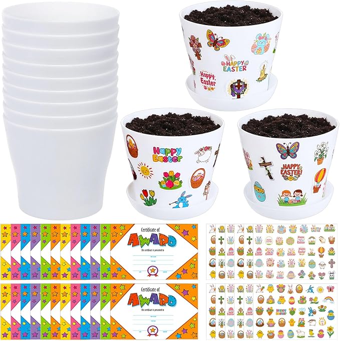 Domensi 30 Pack Garden Pot Craft Kit 4 Inch DIY Religious Crafts for Kids Bulk Small Plastic Spring Flower Plant Pot Plastic Planter with Tray Drainage Holes with Tag, Certificate of Award, Sticker