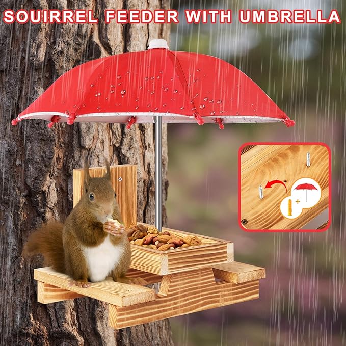 Gnodary Squirrel Feeder with Umbrella, Squirrel Feeders for Outside, Squirrel Picnic Table Feeder - Chipmunk Feeder Hold Corn, Corn Cob, Peanuts Style2 (Red)