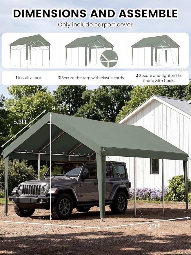 12 x 20 Ft Carport Replacement Cover, Heavy Duty Outdoor Car Tarp Canopy, Waterproof & UV Protected Tear Oxford Tarp with Ball Bungees (Frame is Not Included)