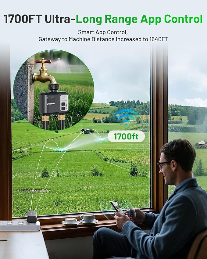 [All-New 2027] 1700FT WiFi Sprinkler Timer 2 Zone, Unistyle Smart Hose Timers Compatible Alexa & Google Voice and App Control, Water Timer for Garden Hose with Auto & Manual Modes for Garden Lawn