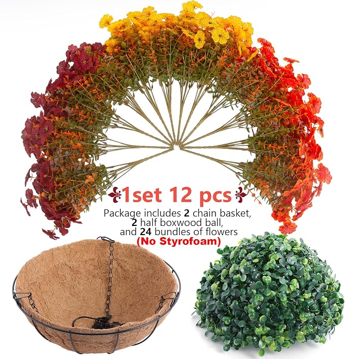 Hananona 2 Set Artificial Outdoor Fall Flowers with Hanging Basket, 2 Hanging Planters with 24 Pcs Flowers for Autumn Front Porch Garden Patio Home Decor (2, Orange,Yellow,Burgundy)