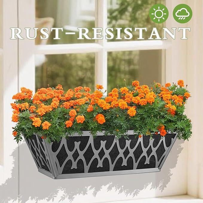 4 Pack 16 Inch Window Boxes Planters Railing Planter Box with Adjustable Brackets & Non-Woven Fabric Plant Grow Bags Deck Railing Planter Boxes Balcony Hanging Flower Box for Outdoor Plants
