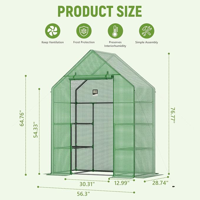 Greenhouse for Outdoors, Portable Green House, Walk in Greenhouses with Durable PE Cover, 57 x 29 x 76 inch Greenhouse with Shelves Stands,Green