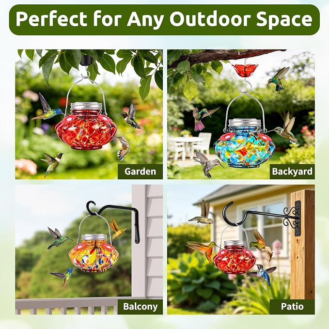 BOLITE Hummingbird Feeders for Outdoors, Hand Blown Top Fill Hummingbird Feeder, Glass Mason Jar with 4 Flower Feed Ports, Easy to Clean, Leak Proof, Bee Proof, Ant Moat, Blue, Gift for Bird Lovers