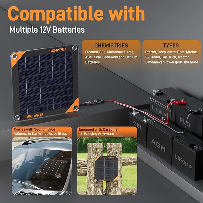 SUNAPEX 12V 10 Watt Solar Trickle Charger Maintainer - Waterproof Solar Powered Battery Charger - Solar Panel Kit Built-in Smart Charge Controller for Car Rv Trailer Truck Boat Automotive Marine