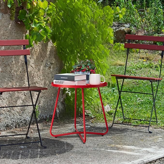 danpinera Outdoor Side Tables, Weather Resistant Steel Patio Side Table, Small Round Outdoor End Table Metal Side Table for Patio Yard Balcony Garden Bedside (Red)