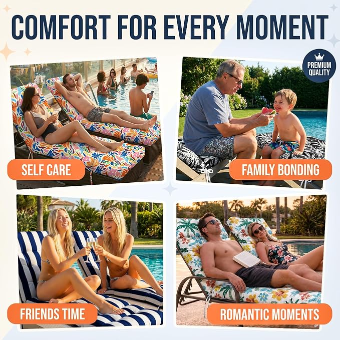 MAGIC ELEPHANT Chaise Lounge Cushion Outdoor, Memory Foam Patio Lounge Chair Cushion with Ties for Outdoor Furniture, 74 x 22 x 4 Inch (Navy Stripe)