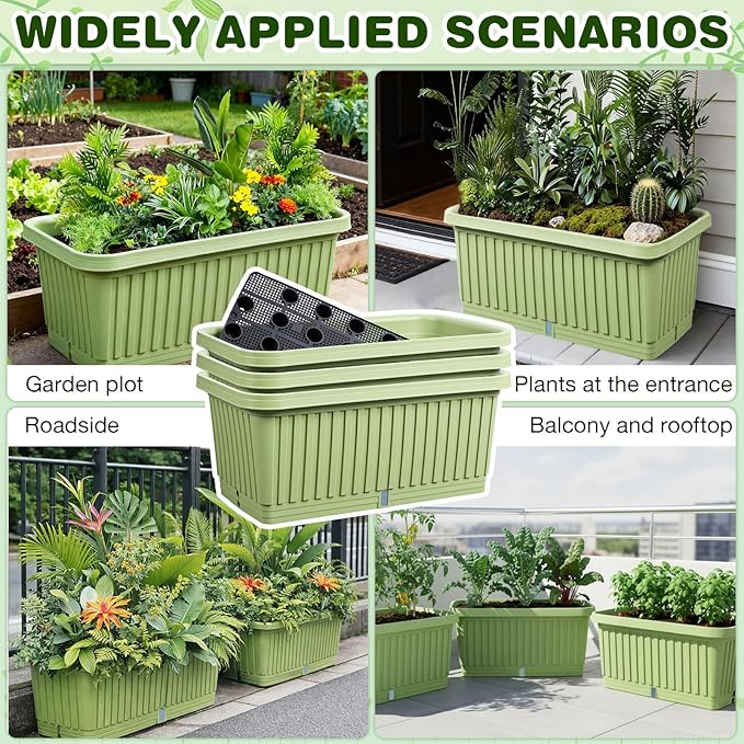 3 Pcs Large Planter Boxes Deep Rectangular Planter Boxes Outdoor Lightweight Plastic Planting Flower Pot with Drainage Holes Plant Pot for Patio, Courtyard, Lawn, Outdoor(Green,28 Inches)