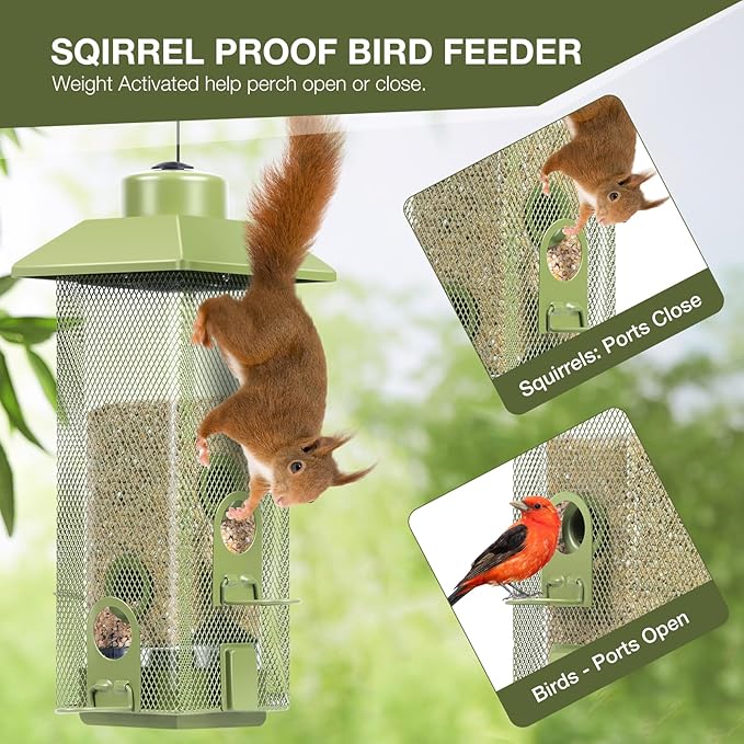 Bird Feeders Squirrel Proof with Weight Activated Perches, Metal Mesh Bird Feeder for Outdoors,Cardinal Hanging Wild Bird Feeder 2.2lbs Seed Capacity for Finch Chickadee Sparrow...
