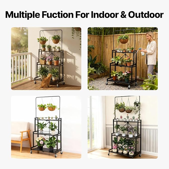 4-Tier Foldable Plant Stand with Wheels, No Tools Assembly, Sturdy Step Shelf for Indoor Outdoor Use, Black– Organize Pots, Save Space, Roll & Store Easy