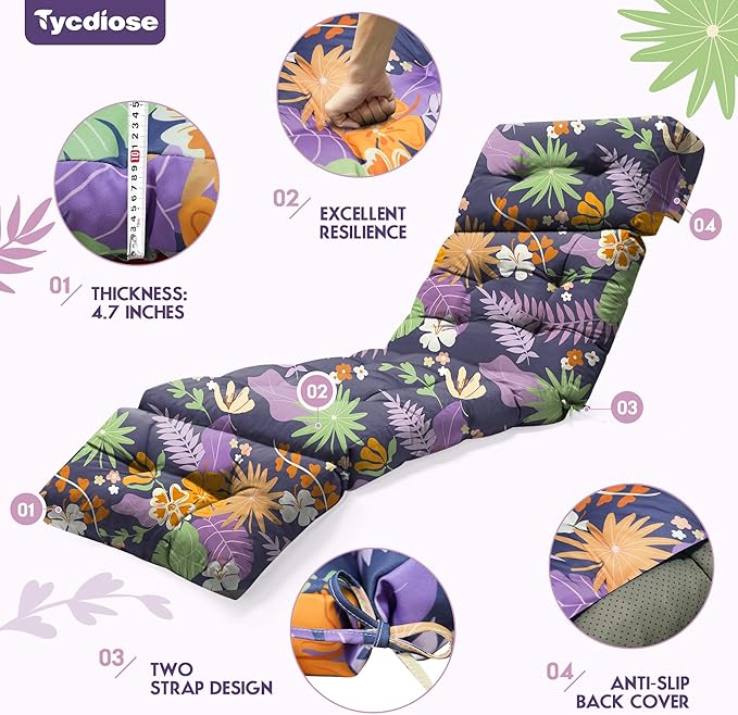 Outdoor Chaise Lounge Chair Cushion Waterproof 74.4 x 22 x 4.7 Inches Thickened Memory Foam Patio Lounge Chair Cushions Replacement for Outdoor Furniture with Ties, Purple Floral Leaf