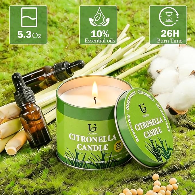 Citronella Candles Outdoor (5.3oz, 2 Packs) Natural Soy Wax Camping Candle, Plant-Based Citronella Essential Oil Large Lemongrass Candle for Patio, Deck, Garden, Backyard, Home Indoor