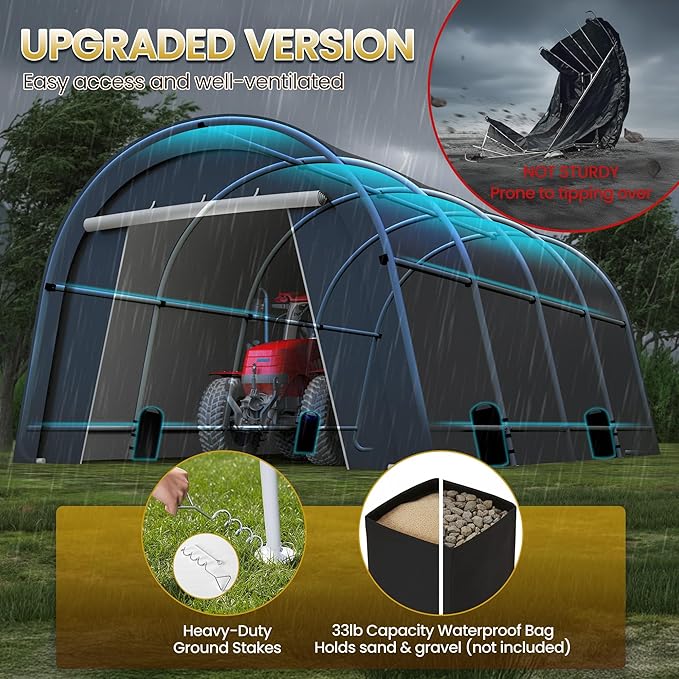 Domed Carport with 4 Cloth Bags, 13' x 20' Portable Garage with 2 Roll-up Doors, All-Weather Storage Shelter Shed for Cars, Truck, or Garden Tools