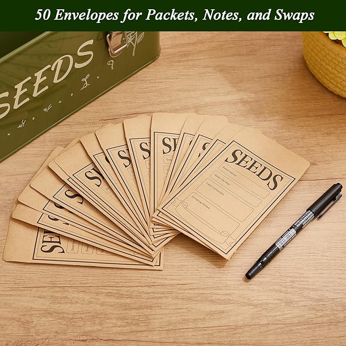 VerdantVibes Metal Seed Storage Organizer Box - Large Galvanized Seed Bin with 50 Vials, 50 Envelopes, Dividers & Labels - Complete Seed Saving Container & Gardening Gifts for Women Men