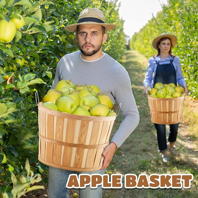 Marsui 4 Pcs Jumbo Half Bushel Baskets, 14 x 9.5 Inch Large Round Wooden Apple Basket with Handles Handcrafted Produce for Farmers Market Harvest Fruit Plants or Commercial Use