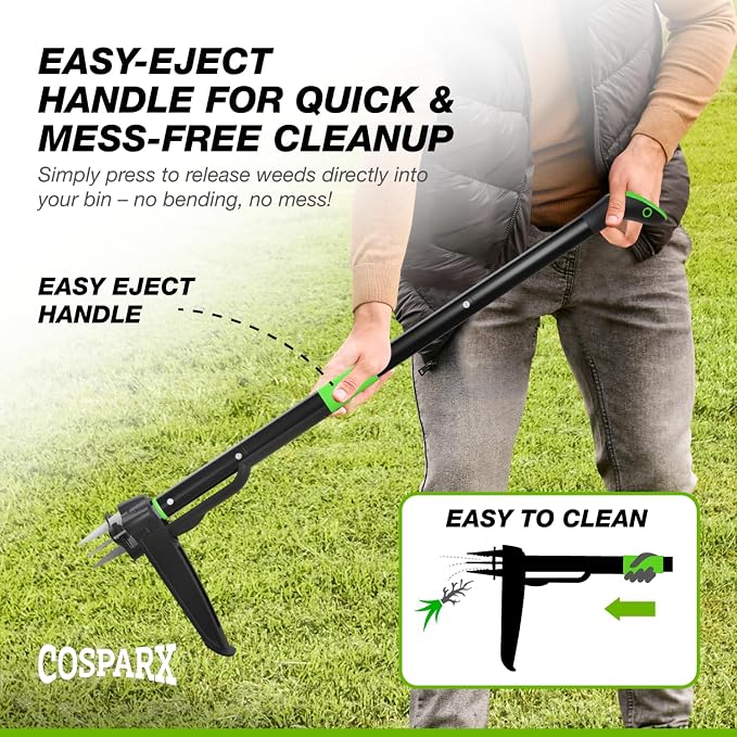 COSPARX Weed Puller Tool with Long 43” Handle, No Bending, Easy Eject – Removes Weeds Effortlessly, Sturdy Foot Pedal & Lightweight Aluminum - 4-Claw Hand Weeding Tool