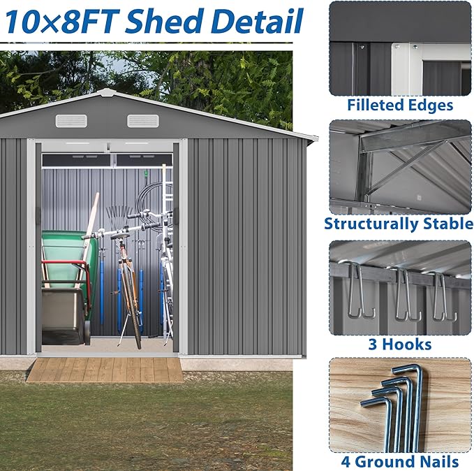 KEIKI Storage Shed 10x8 FT, Large Metal Tool Shed for Outdoor Storage, Galvanized Steel Garden Shed with Lockable Sliding Doors for Patio, Backyard, Lawn, Grey