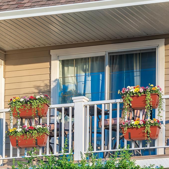 Railing Planter Box 4 Pack Window Boxes Planters 16.9 Inch Rectangular Planter with Adjustable Brackets 2 Tier Outdoor Balcony Hanging Planters Set of 2 for Railings Garden Porch Patio, Brick Red