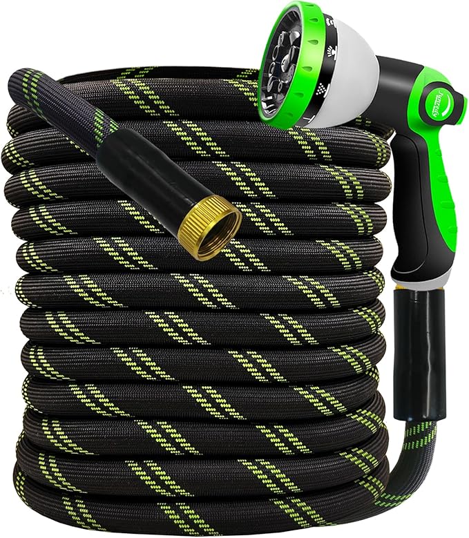 Junredy Garden Hose 50 FT, NON-EXPANDABLE Heavy-Duty Flexible & Lightweight Water Hose with 10-Function Nozzle, No-Kink, Leak-Proof Super Fabric, Solid Fittings for Lawn, Car, Outdoor (Black Green)
