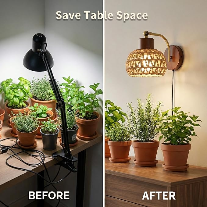 Hanging Grow Lights for Indoor Plants, Auto Cycle Timer, 18W Full Spectrum Wall Mounted Grow Light, Boho Rattan Lantern Shade, Adjustable Head, 16 FT Power Cord for Indoor Plant Growing, Flowers