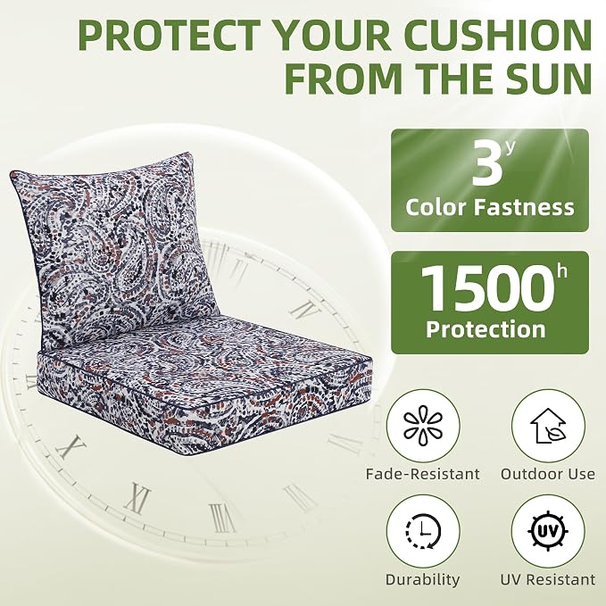 Favoyard Outdoor Deep Seat Patio Cushions Set, 24 x 24 Inch Rainproof & 3-Year Fade Resistant Patio Furniture Cushion, Removable Bottom & Back Cushion with Ties for Yard, Garden, Teardrop Blue