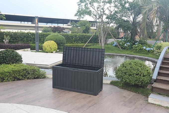 BTEXPERT 74 Gallon Resin Deck Box, Outdoor Storage Container for Patio Furniture Garden Tools Cushions Waterproof Lockable Metal Support Rods UV Resistant