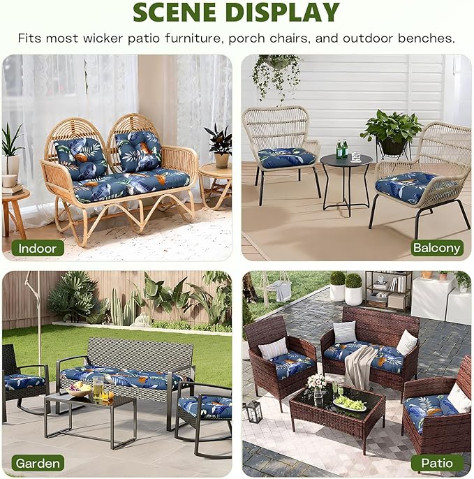 Wicker Chair Cushions Set, 2 U-Shaped Cushions & 1 Loveseat, Waterproof Outdoor Loveseat Cushion for Patio Furniture, Settee Bench Pad All Weather,BlueLeaf
