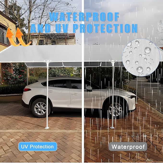 10 x 20 Ft Heavy Duty Carport Replacement Canopy Cover Waterproof & UV Protected Car Garage Top Tent Shelter Tarp Cover with 44 Ball Bungees Cords, Only Top Cover, Grey, Gray