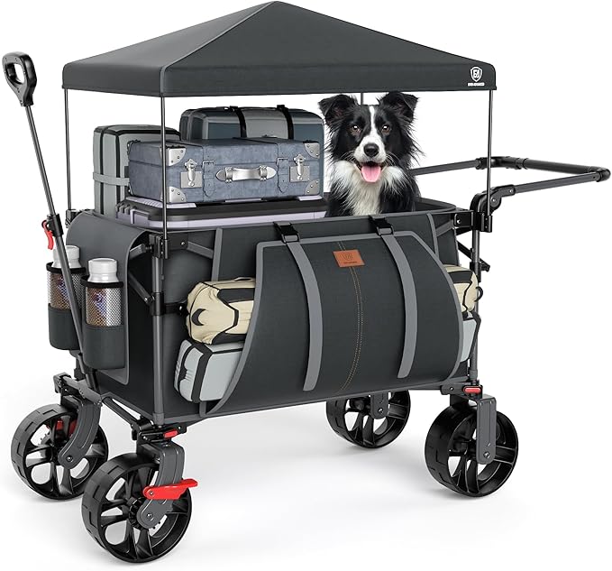EVER ADVANCED Folding Push Wagon with Canopy, Portable Shopping Cart with Brakes, Collapsible Wagon Cart with All-Terrain Big Wheels for Camping, Beach, Sports