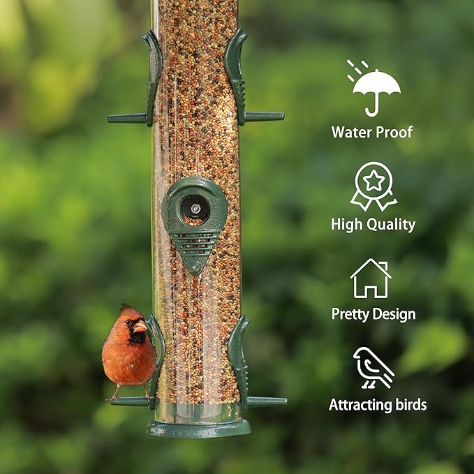 MIXXIDEA 2PK Metal Bird Feeders with 6 Feeding Ports,Tube Bird Feeder with Steel Hanger,Wild Bird Feeder for Outdoors Hanging, Attracting Birds in Your Lawn, Garden, Balcony (Green)