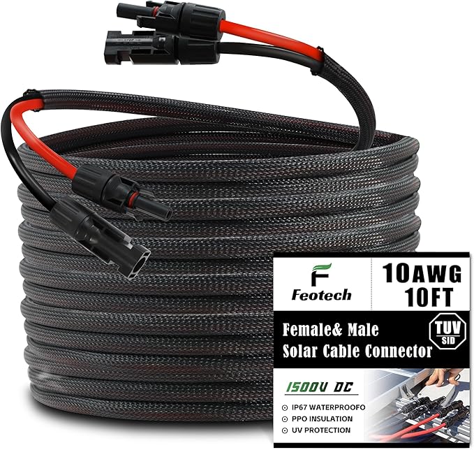Twin Wire 10FT Solar Extension Cable - 10AWG (6mm²) Solar Panel Connector, with 4 Pairs-IP67-Male/Female Solar connectors for Outdoor Automotive RV Boat Marine Solar Panel- Black & Red