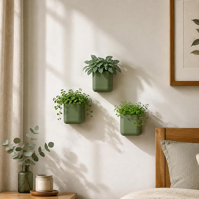 Phoenix Vine 3.5 Inch Wall Mounted Self-Watering Planter Pot for Indoor Houseplants and Herbs | Hanging Planter for Window Sills, Bathroom Walls, Home & Office Décor, Olive, Set of 2, 01-A-F-2
