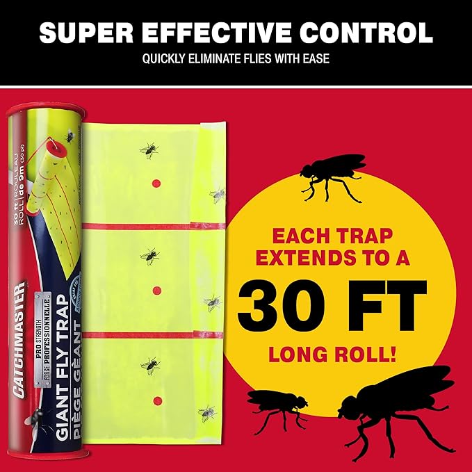 Catchmaster Giant Fly Glue Trap 3-Pack 30 Feet Each, Adhesive Fly Traps Outdoor, Sticky Bug Catcher, Bulk Flying Insect Paper Roll, Pest Control for Garage, Barn, Greenhouse & Garbage Room