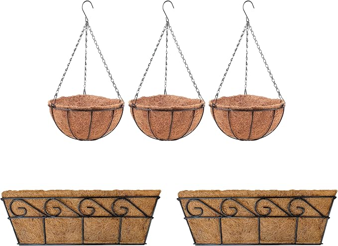 LaLaGreen Bundle- 3 Pack, 12 Inch Hanging Basket with Coco Liner + 2 Pack, 16 Inch Rectangular Metal Planter with Coco Liner Windows Rail Fence Patio Porch Flower Plants Outdoor Pot Boxes Boho Decor