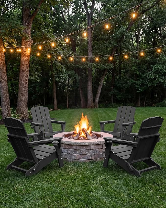 Folding Adirondack Chair 6 Pack, HDPE All-Weather Fire Pit Chairs, Plastic Adirondack Chairs with 2 Cup Holder, Outdoor Lawn Chair for Patio Garden (Black)