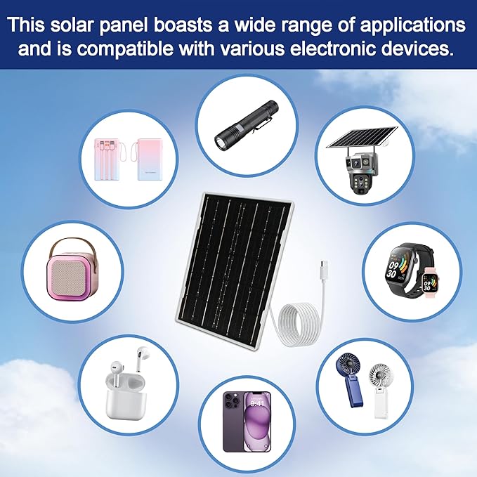 Eco-friendly 4.5W 5V Monocrystalline Solar Panel, Type-C Interface, IP66 Waterproof, 6.5-foot Cable, High Conversion Rate, Compatible with Various Electronic Devices