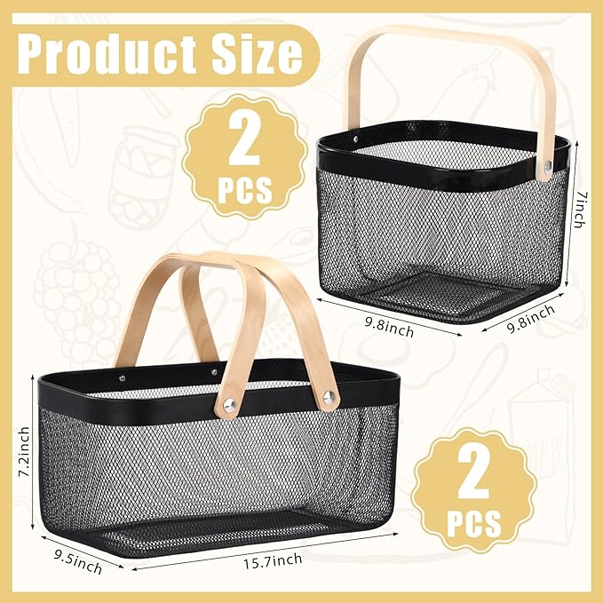 Zonon 4 Pack Harvest Garden Baskets, 2 Size Metal Mesh Harvest Storage Basket with Foldable Wooden Handle, Rectangle Durable Vegetables Fruit Basket for Garden Bathroom Kitchen Organizing, Black