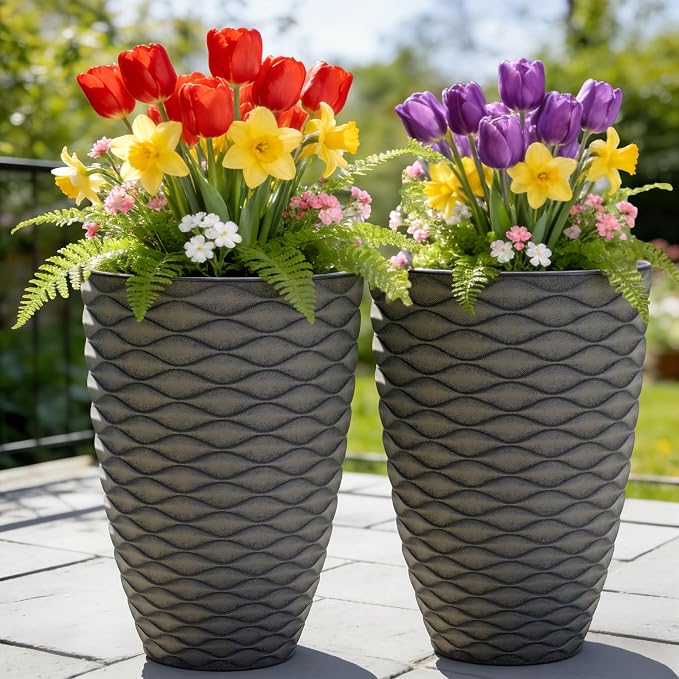 19" H Coastal Planter for Indoor/Outdoor Plants, Set of 2 Large Flower Pot with Drainage Hole, Weather-Resistant Resin Planters for Garden Patio Porch Home Office Decor, Rustic Black Wavy