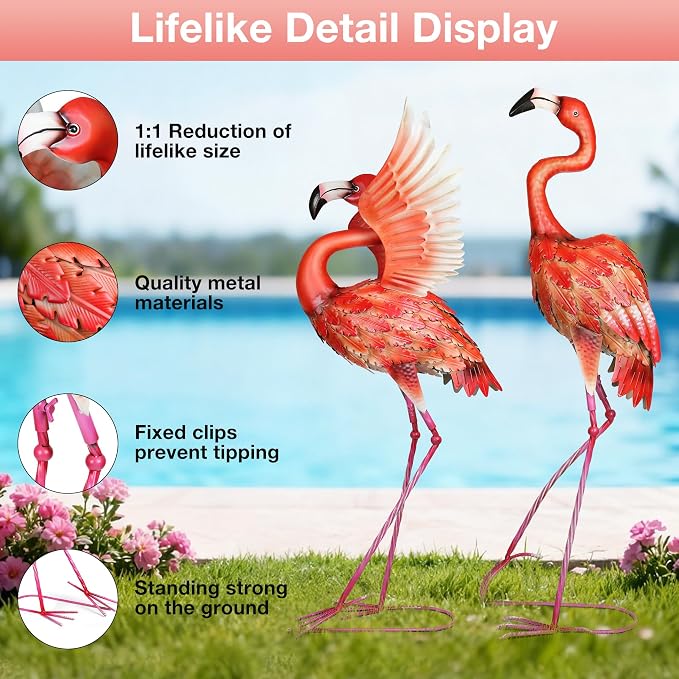 Garden Statues Large Metal Flamingo Sculptures, Set of 2 Red | Outdoor Metal Statue Yard Art for Garden Decor, Realistic Birds Art, Standing Lifelike, Water&Rust-Proof