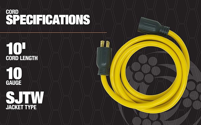 Southwire Generator Cord - 10-Gauge Heavy Duty Electrical Power Cable with L14-30 Locking Plug & Receptacle - Dual Voltage 125V/250V - Molded Connectors - Weather Resistant - Yellow & Black - 10 Feet